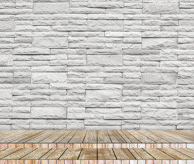Backdrop  brick wall and wood slabs in perspective background.