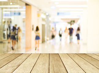Fototapeta premium Perspective wood and blurred store with bokeh background