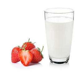 glass of milk and strawberry on white background