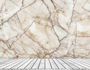 Backdrop  marble wall and wood slabs in perspective background.