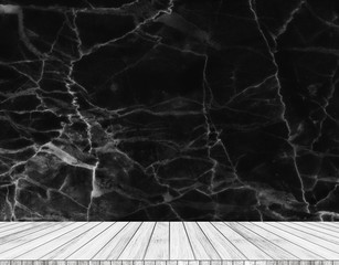 Backdrop  marble wall and wood slabs in perspective background.