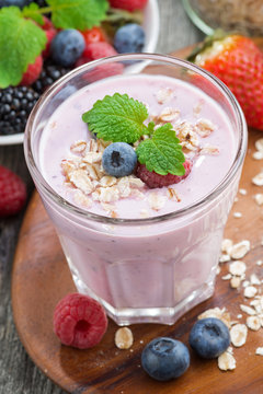delicious berry smoothies with oatmeal, close-up