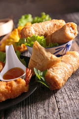 spring roll,samosa and fried shrimp