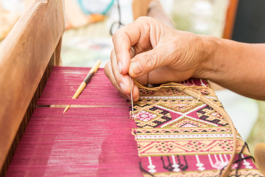 Woman Hand Weaving Thai Silk