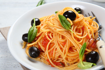 Pasta with tomato sauce on the plate