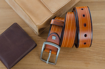men accessories on wooden background