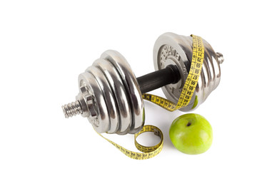 barbell with meter and apple isolated on white