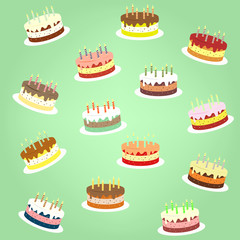 9 different colorful cakes vector illustration