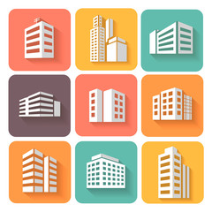 Set of dimensional buildings icons  with shadow