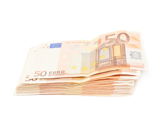 Stack pile of fifty euro bank notes