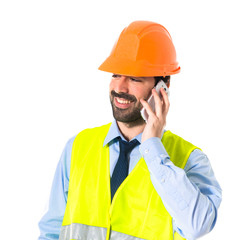 Worker talking to mobile