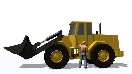 Wheel loader bulldozer and cosntruction worker  isolated