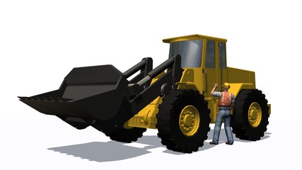 Wheel loader bulldozer and cosntruction worker  isolated