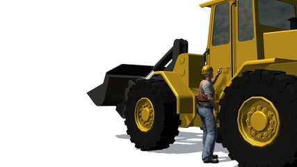 Wheel loader bulldozer and cosntruction worker  isolated