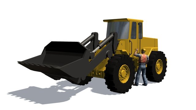 Wheel loader bulldozer and cosntruction worker  isolated