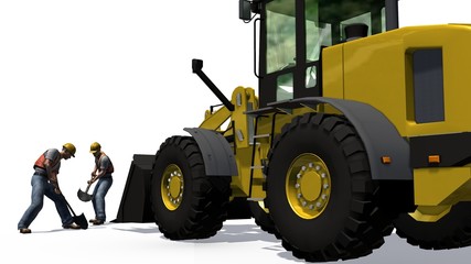 Wheel loader bulldozer and cosntruction worker  isolated
