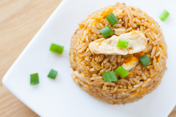 Healthy food fried rice chicken with egg and green onion