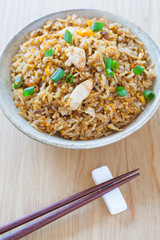 Healthy food fried rice chicken with egg and green onion