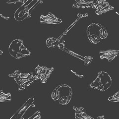 Seamless pattern with scooters, boards and accessories