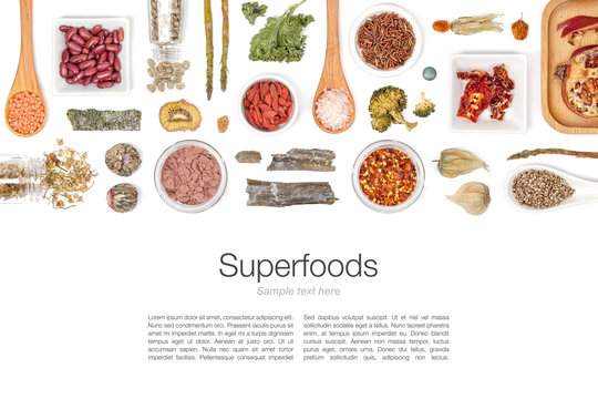various superfood on white background top view
