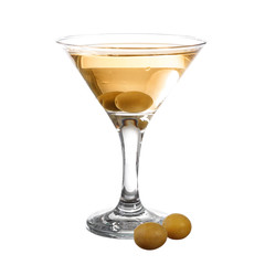 Martini with olive on fancy skewer, isolated on white. Includes