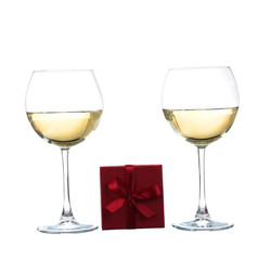 Glasses of wine with gift box isolated on white