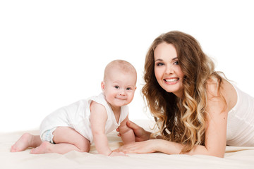 Portrait of happy mother with baby on a white background.