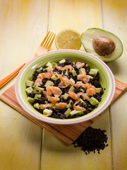 black rice with avocado and smoked salmon