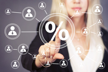Businesswoman pushing web button percent icon