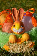 Osterkörbchen mit bunten Eiern im Garten