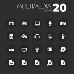 Thin multimedia icons on dark gray