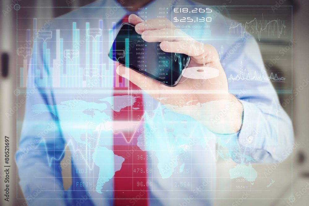 Poster composite image of hand of businessman showing smartphone