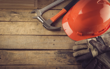 Assorted work tools on wood