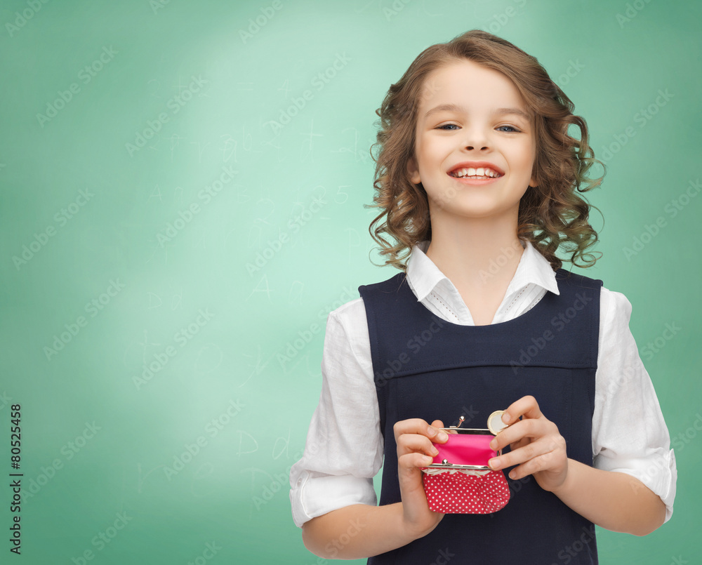 Poster happy girl with purse and euro coin money