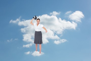 Composite image of angry businesswoman throwing binoculars away - Powered by Adobe
