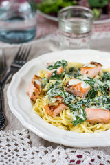 Pasta with salmon and creamy spinach sauce