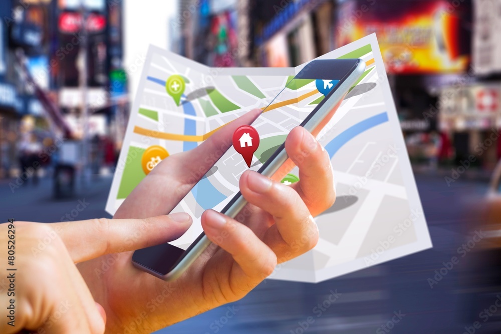 Aufkleber Composite image of man using map app on phone