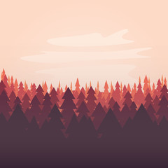 Flat design style illustration of a sunset forest scene