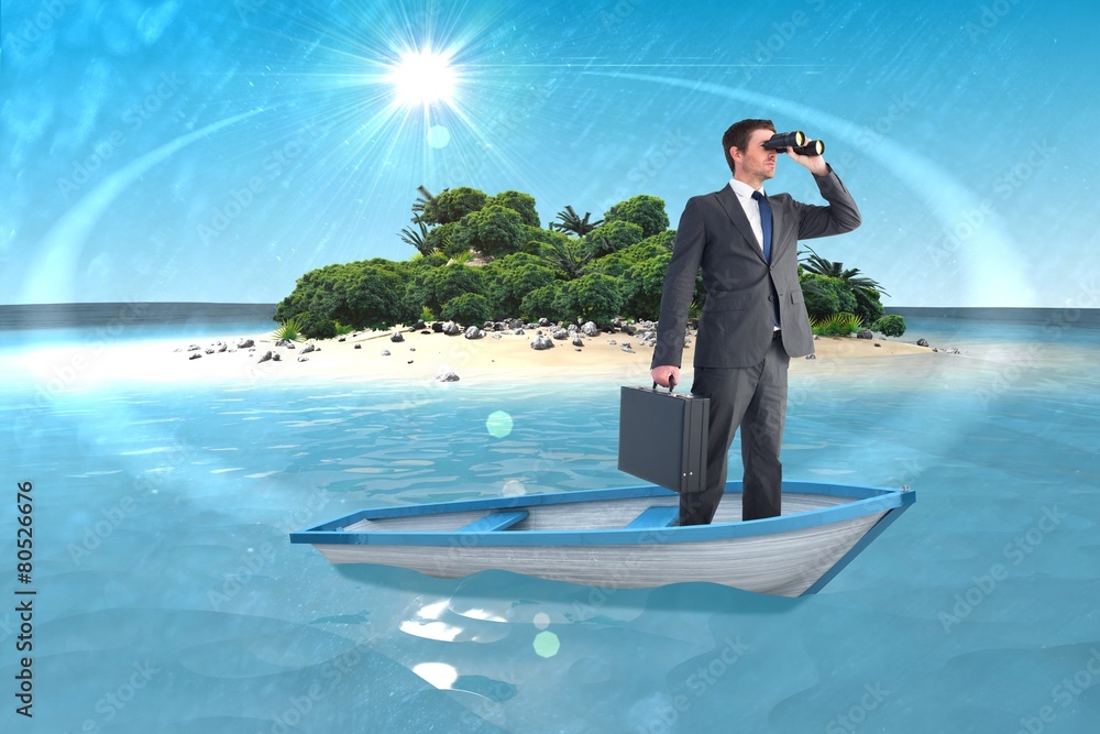 Poster composite image of businessman in boat with binoculars