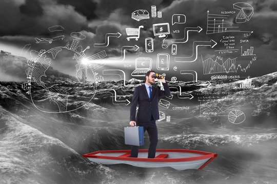 Composite image of businessman in boat with binoculars