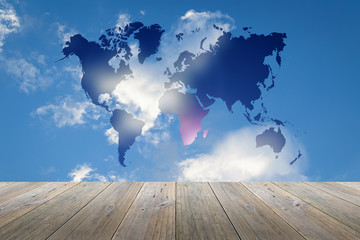 Wood terrace and Blue sky with world map