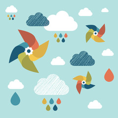 Kids wall paper pattern. Colored pinwheel and clouds.