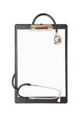 blank clipboard with modern stethoscope, space for messages