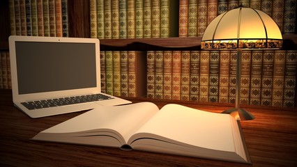 Book. 3D. Laptop in classic library - obrazy, fototapety, plakaty
