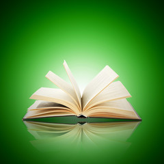 Opened book on bright green background