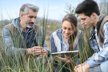Teacher with students in agronomy looking at vegetation