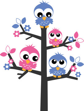 pink and blue owls in a tree