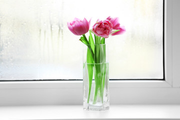 Beautiful pink tulips in vase on windowsill background