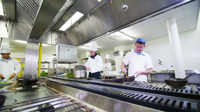 Team of professional chefs preparing and cooking food in a commercial kitchen