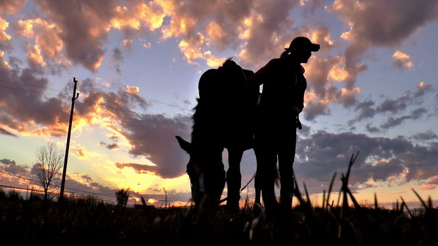 Girl cuddles a horse in sunset